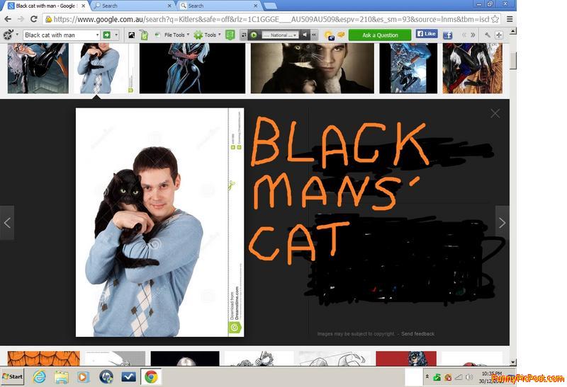 The  cat  is  black , but  the  man  is  white .