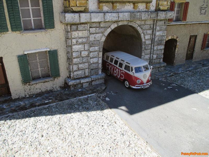 Someone placed a model of the porn bus "FKK BUS" at the Swissminiatur in Melide, Switzerland