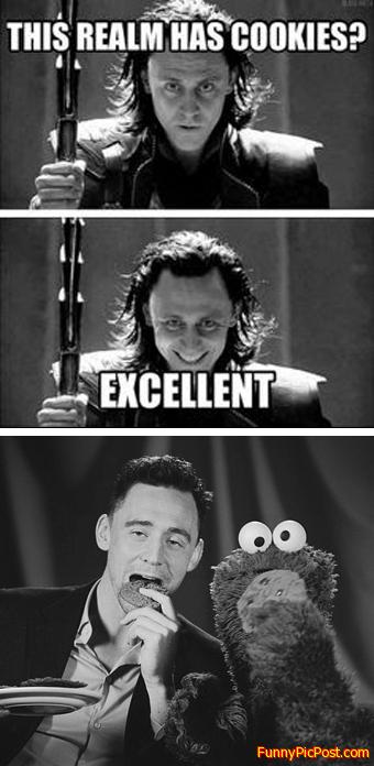 Tom Hiddleston as Loki, God of Mischief, finds the God of Cookies, Cookie Monster, in Midgard.